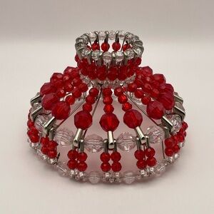 Vintage, Handmade, Red/Clear, Beaded, Safety Pin Lamp Shade
